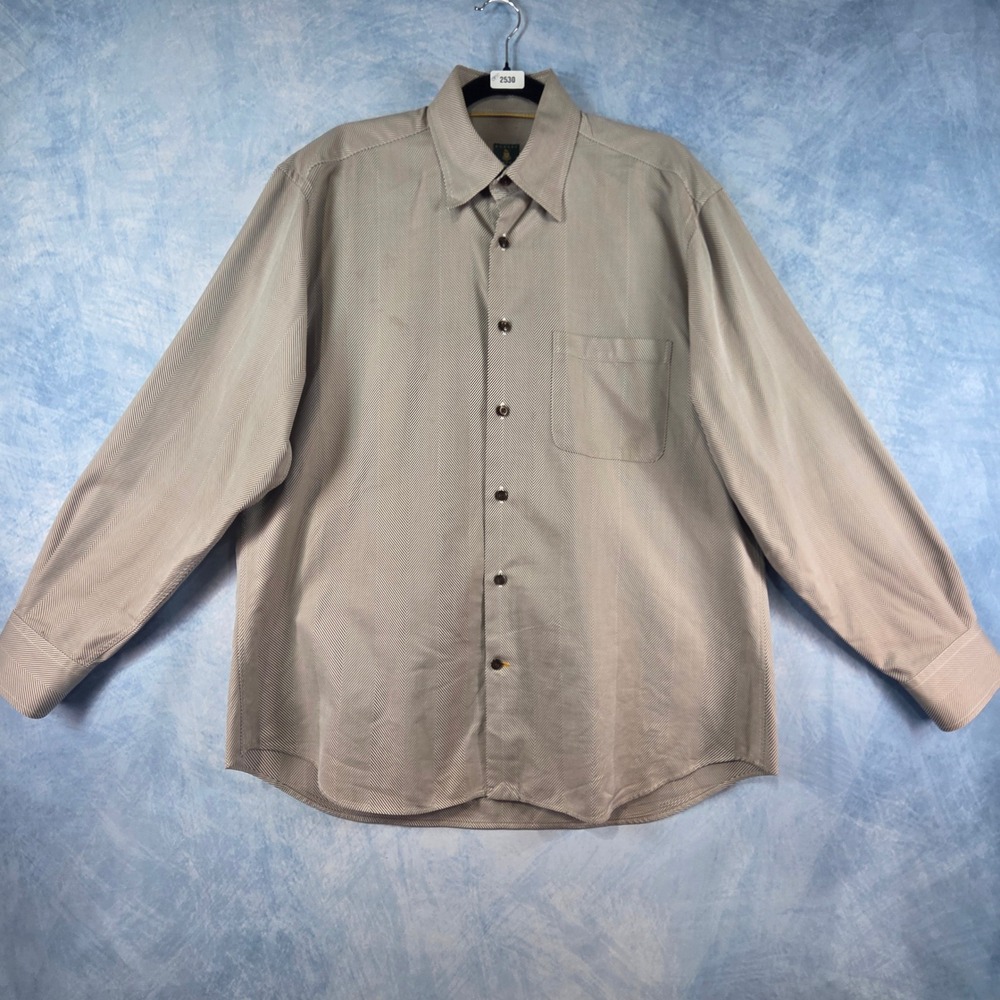 Robert Talbott Mens Large Tan Herringbone 100% Cotton Button Up Shirt L/S Pocket